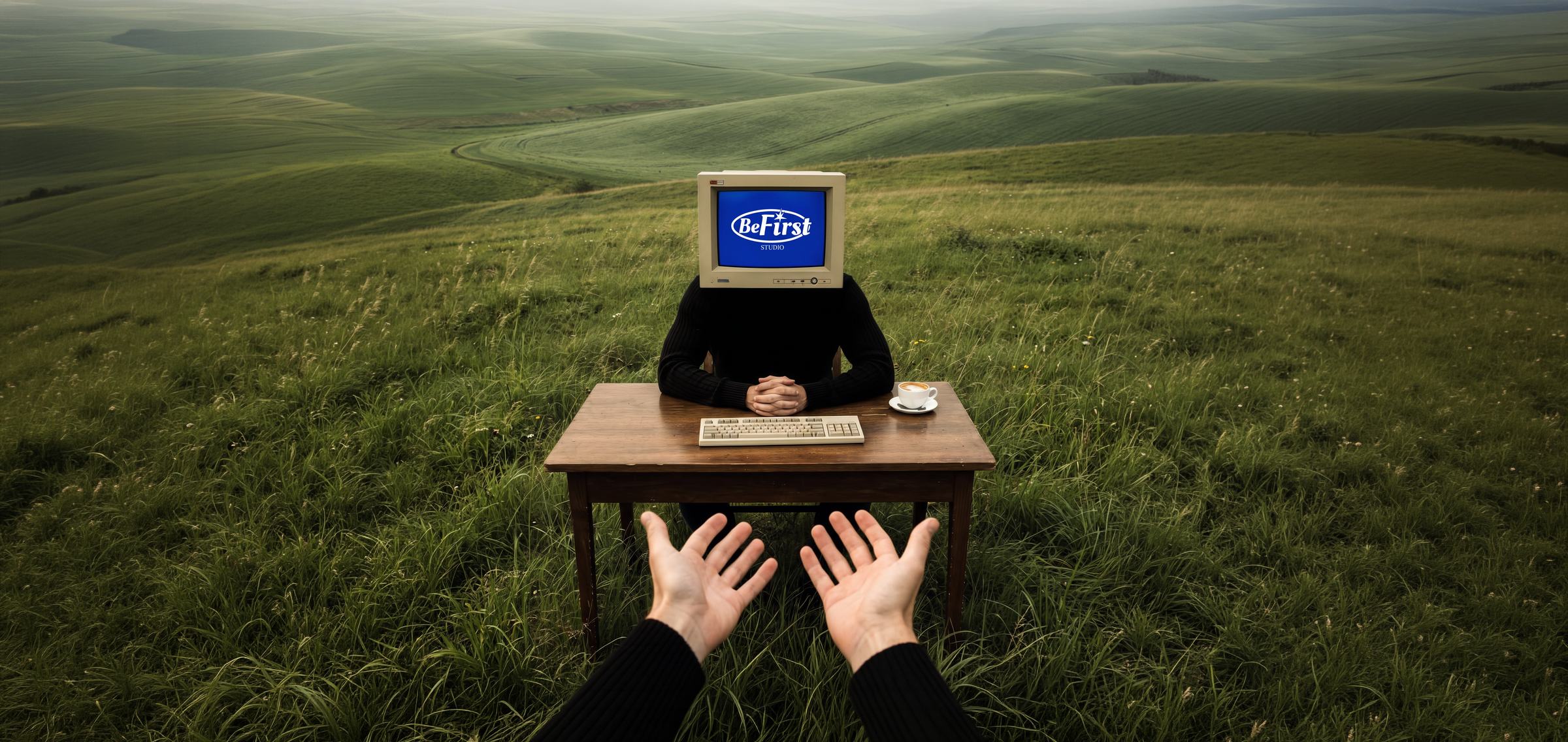 A person with a monitor for a head sitting at a desk in an open field, hands open as if asking a question