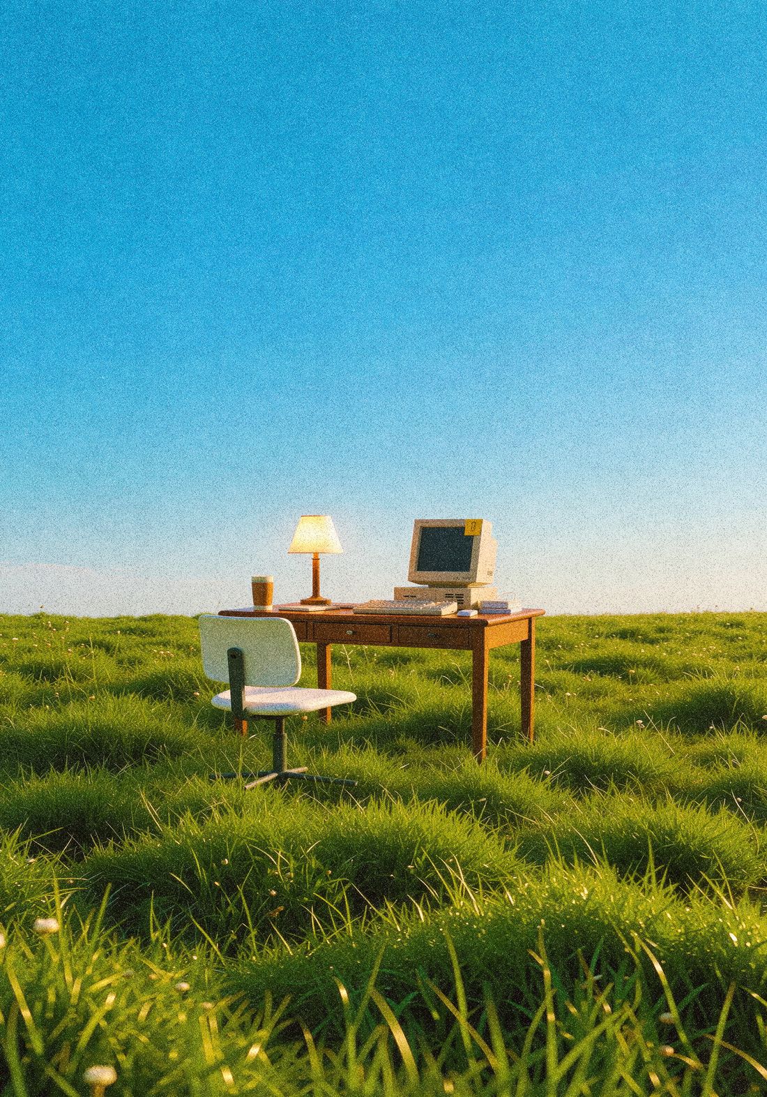 A vertical frame: a desk and a chair standing in a field of long grass under a clear sky.
