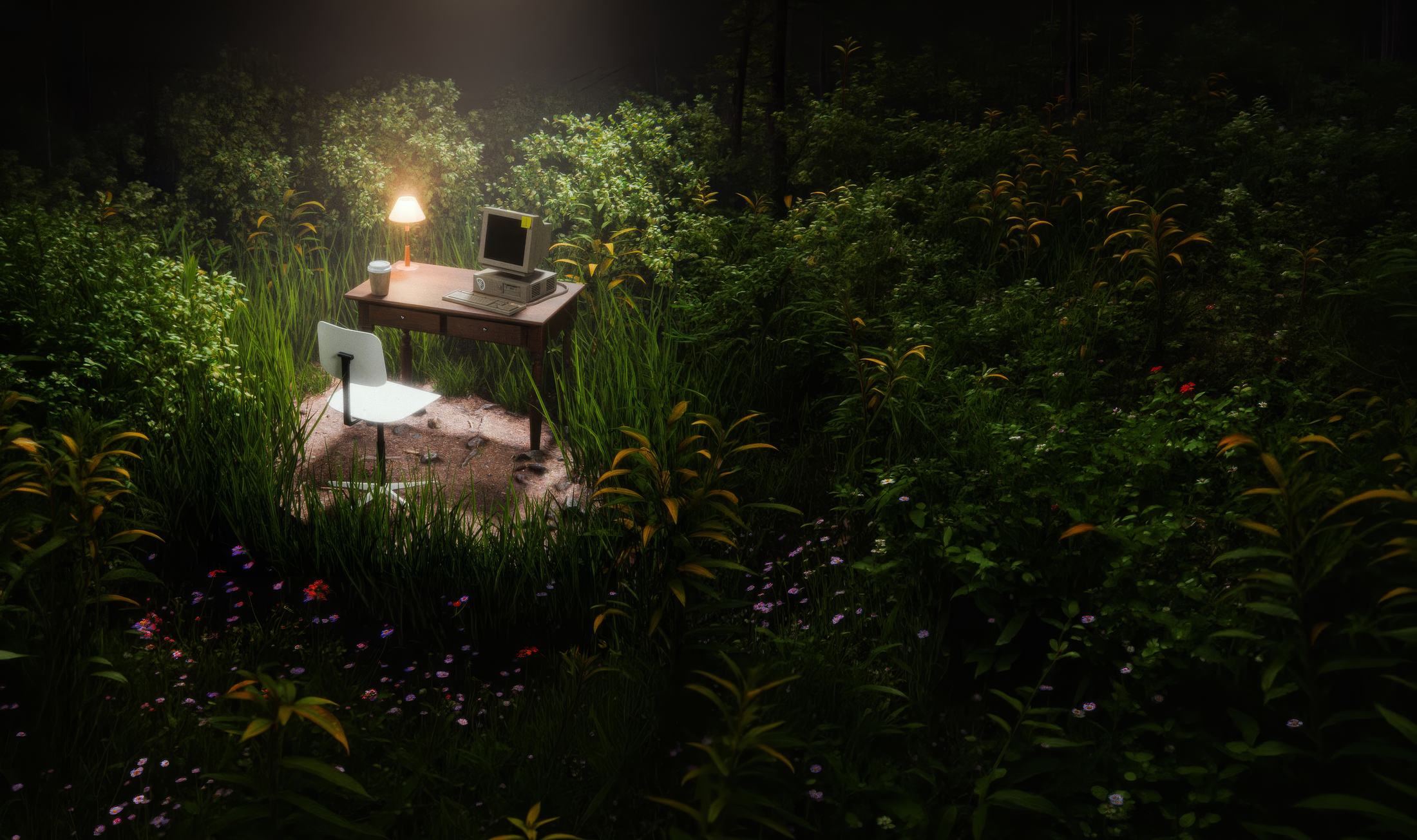 A desk with a warm lamp and an old computer, set in tall grass at dusk