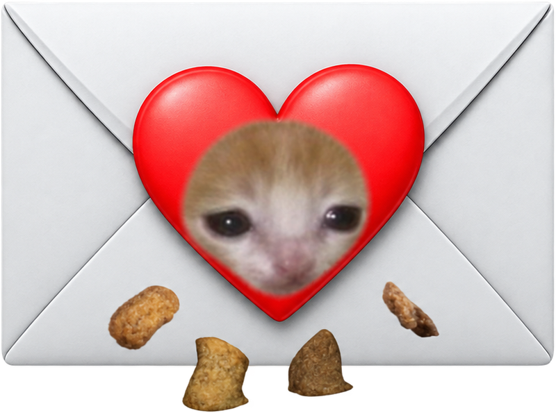 A sealed love letter with a kitten's face inside the heart on the front
