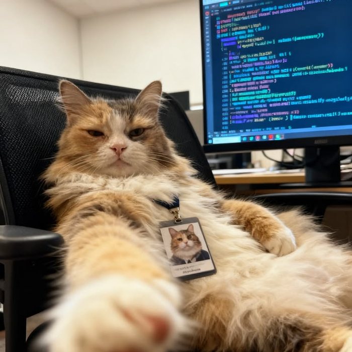 A long haired cat lounging in an office chair with code on the monitor behind it