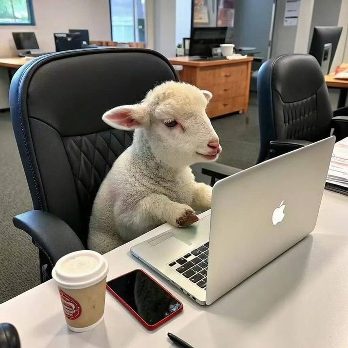 A lamb sitting in an office chair at a laptop with a coffee