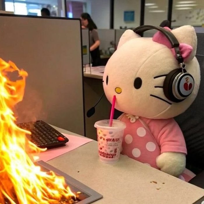 A soft toy in headphones sipping a drink at a desk while the desk beside it is on fire